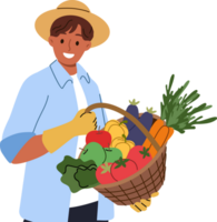 Man farmer holds basket of fresh vegetables in hands, rejoicing at excellent harvest, and smilingly looks at screen. Farmer guy in hat and gloves sells organic products filled with vitamins at fair png