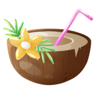 Refreshing cocktail in half coconut with straw and tropical flower for sale on beach to people relaxing on sea png