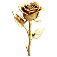 Close up macro photo of shiny golden metallic rose with thorns and leaves transparent isolated png