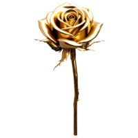 Close up macro photo of shiny golden metallic rose with thorns and leaves transparent isolated png