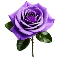 Close up macro photo of purple rose with leaves transparent isolated png