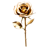 Close up macro photo of shiny golden metallic rose with thorns and leaves transparent isolated png