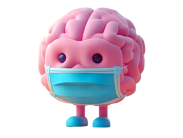 pink brain wearing blue mask, 3d illustration element png