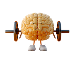 smiling yellow color brain character lifting barbell with health concept, 3d illustration element png