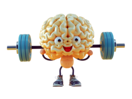cute brain character lifting barbell, 3d illustration element png