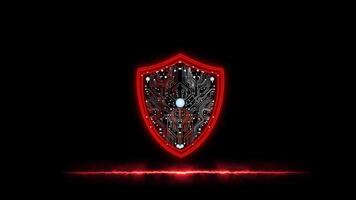 Shield red color hologram security protection verify and identify technology on Fire effect line on the black screen video