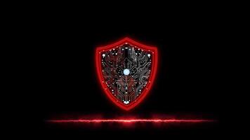 Shield red color hologram security protection verify and identify technology on Fire effect line on the black screen video