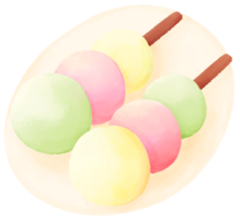 Japans zoet toetje voedsel tekenfilm stijl mochi dango macha matcha en ijsje hand- getrokken illustratie png