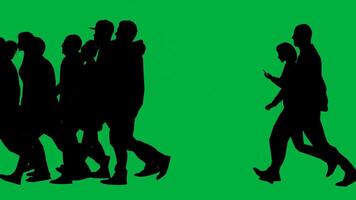 crowd walking and running silhouette green screen side view video