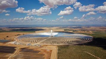 Aerial drone view of Gemasolar Thermosolar Plant. Solar energy. Green energy. Alternatives to fossil fuel. Environmentally friendly. Concentrated solar power plant. Renewable energy. photo