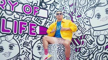 Stylish man posing in front of a vibrant graffiti wall with Joy of Life text. video