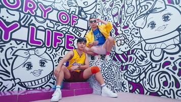 Two young men posing in front of a colorful graffiti wall with the text Story of Life in a playful, urban setting. video