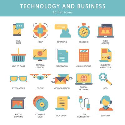 Business and marketing, programming, data management, internet connection, social network, computing, information. Thin line blue icons set. Flat illustration