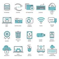 Business and marketing, programming, data management, internet connection, social network, computing, information. Thin line blue icons set. Flat illustration vector