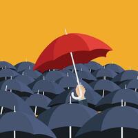 Red umbrella and many blue umbrellas. Uniqueness concept. Flat illustration vector