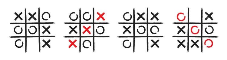 Tic tac toe xo game hand drawn grid doodle template illustration set isolated on white background vector