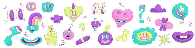 Psychedelic Character Funny set Face smile. Craetive comic trippy character cartoon graphic. Comic funny emotions. illustration vector