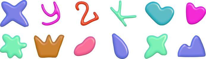 3d abstract y2k element set. Plastic colorful playful doodle shape. 3d render. vector