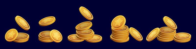 Game Coin Stack set 3d render isolated. Gold Money on dark background. Coin with star for game reward and prize. 3d illustration. vector