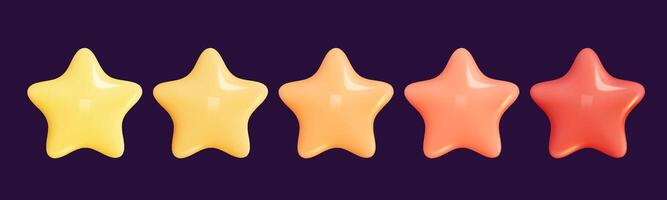 Star 3D Review plastic render. Set star for feedback and rank. 3d cartoon game element. Shape for app and game design. illustration. vector