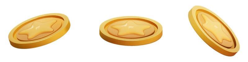 Gold Coin set 3d render. Game Money on white background. Coin with star for game reward and prize. 3d illustration. vector