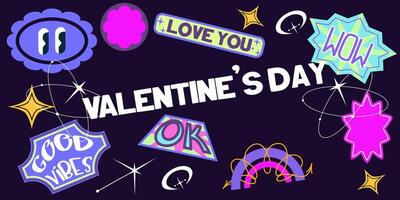 Y2K template background for valentines day with stickers. 90s retro design with stickers. Trendy aesthetic background geometric. Flat illustration vector