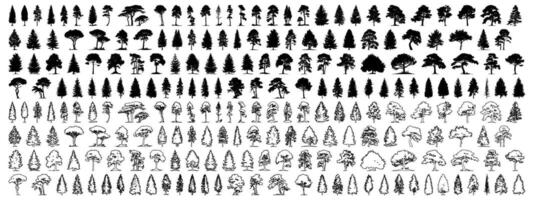 Mega set of fir trees. Pine tree silhouette stroke outline and filled. 224 tree elements icon symbol for architecture and landscape design drawing isolated illustration on transparent vector