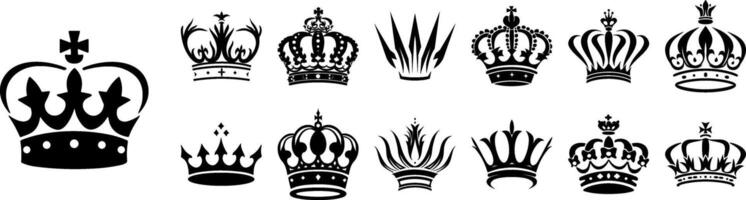 Crown icon set. Crown sign collection. Crown king or queen mega icon set. Royal crown symbol. Heraldic flat black silhouettes isolated on white background. Royal head accessories, hat emblem vector