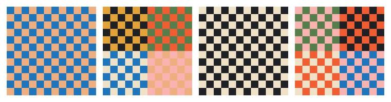 Cool simple geometric Y2K backgrounds. Colorful trendy checker board square seamless pattern collection. Set of geometric pastel square background in vintage 90s style, groovy multicolored retro vector