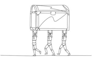 Single continuous line drawing group of robots work together carrying treasure chest. Detect profitable objects. Robots generate maximum profits. Future technology. One line design illustration vector