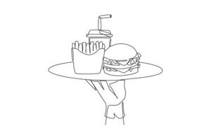 continuo uno línea dibujo camarero sostiene comida bandeja servicio francés papas fritas suave bebidas y hamburguesa. rápido alimento. eso es no bueno para cuerpo Si consumado también a menudo. soltero línea dibujar diseño ilustración vector