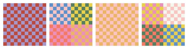 Cool simple geometric Y2K backgrounds. Colorful trendy checker board square seamless pattern collection. Set of geometric pastel square background in vintage 90s style, groovy multicolored retro vector