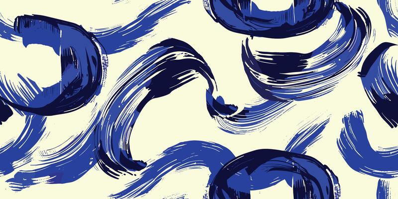Seamless pattern with abstract brush stroke painting illustration. Modern paint line background in blue color. Messy graffiti sketch wallpaper print, rough hand drawn texture, Wavy and swirled