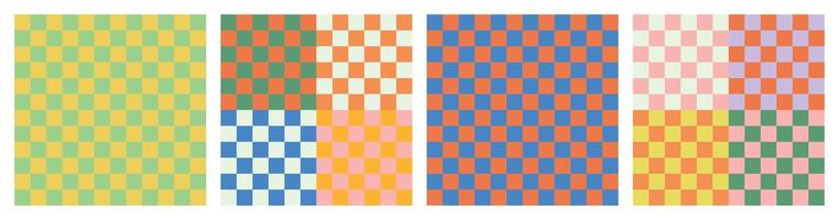 Cool simple geometric Y2K backgrounds. Colorful trendy checker board square seamless pattern collection. Set of geometric pastel square background in vintage 90s style, groovy multicolored retro vector