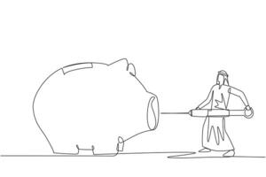 Single one line drawing Arab businessman holding big syringe and want to inject it into big piggy bank. Additional capital. Trigger enthusiasm for business. Continuous line design graphic illustration vector