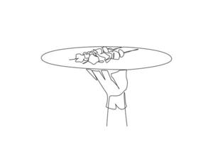 Continuous one line drawing the waiter holds food tray serving kebabs. Traditional Turkish food. Generally use lamb. Grilled meat. Beef. Delicious. Skewer. Single line draw design illustration vector