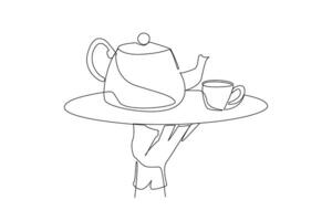 Single one line drawing waiter holding food tray serving tea set. Relaxed atmosphere in the restaurant. Calming the mind. Able to increase body immunity. Continuous line design graphic illustration vector