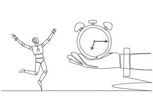 Single one line drawing a robot excited to get alarm clock from the giant hand. Multitasking robot. Able to work quickly and precisely. Future technology. Continuous line design graphic illustration vector