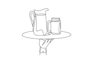 Continuous one line drawing the waiter holds food tray serving glass of lemonade and pitcher. More delicious to enjoy in summer. Refreshing drink. Healthy. Single line draw design illustration vector