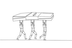 Single one line drawing group of robots working together carrying stack of banknotes. Fund the required research results itself. Future technology concept. Continuous line design graphic illustration vector