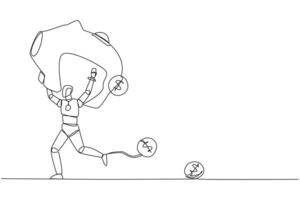 Single continuous line drawing robot running lifting piggy bank on shoulders. Dollar symbol coin falling. Algorithms detect financial leaks. Save it immediately. One line design illustration vector