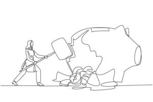 Single one line drawing Arab businesswoman hit big piggy bank with big hammer until cracked. Coins scattered around. Financial plans in disarray. Problem. Continuous line design graphic illustration vector