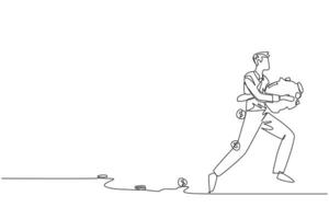 Single one line drawing businessman running while carrying a piggy bank with coins scattered around. Run to save company assets. Must always be profitable. Continuous line design graphic illustration vector