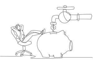 Single continuous line drawing businessman sit relax on chair to see money faucet flow into savings piggy bank. Passive income. Guarantee of always making a profit. One line design illustration vector