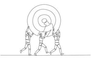 Single continuous line drawing group of robots work together carrying arrow target board. Work together towards a common dream. Focus on being the best. Technology. One line design illustration vector