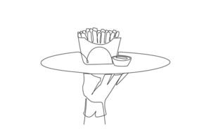 Single one line drawing the waiter holds a food tray serving french fries. A dish made from shredded potatoes. Snack. Complementary food to the main menu. Continuous line design graphic illustration vector