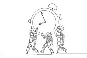 Single continuous line drawing group of astronauts work together carrying alarm clock. Appreciate the time. Time is the greatest asset. Cosmonaut. Space expedition. One line design illustration vector