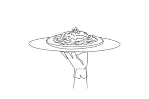 Single continuous line drawing the waiter holds a food tray serving spaghetti. A type of pasta that is long, thin and resembles noodles. Typical Italian food. One line design illustration vector