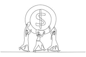 Single continuous line drawing group of Arab businessmen and Arab businesswomen work together carry a dollar symbol coin. Small capital for large profits. Success. One line design illustration vector