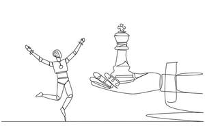 Continuous one line drawing a robot excited to get king's chess piece from giant hand. Get the best support system to become a reliable robot. Future tech. Single line draw design illustration vector